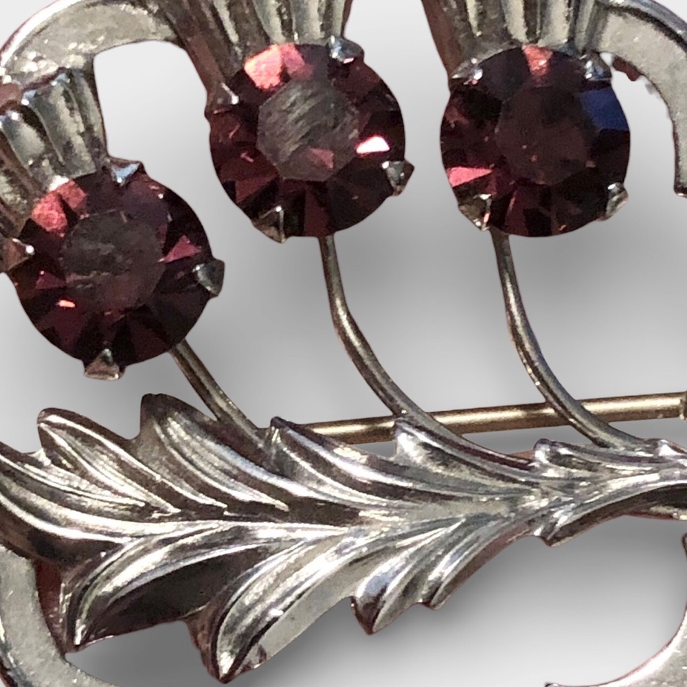 Mizpah Scottish Celtic Purple Rhinestone Thistle Brooch - Picture 3 of 5